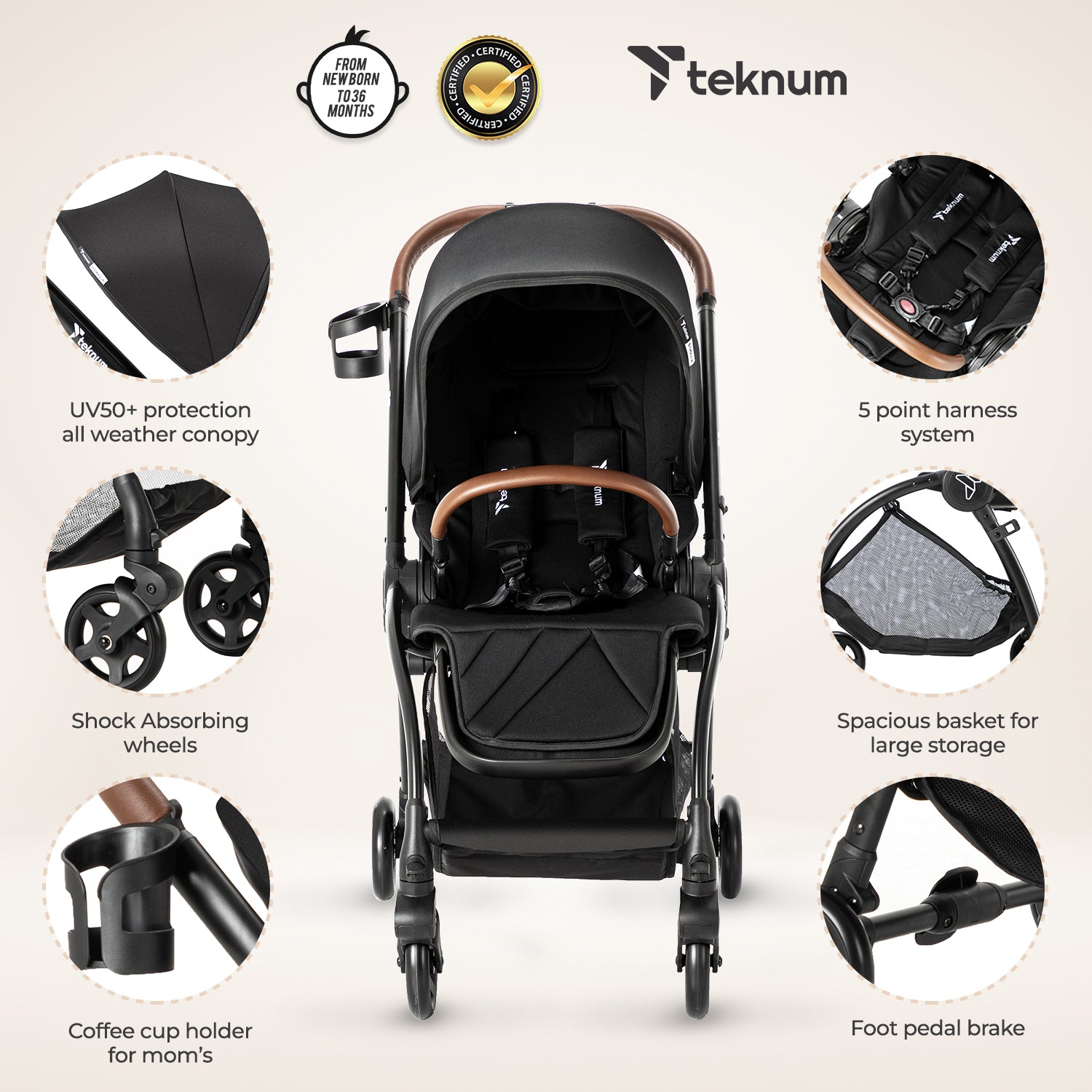 Teknum Stroll 2 Reversible Travel Stroller w/ Quilted Diaper Backpack – Black