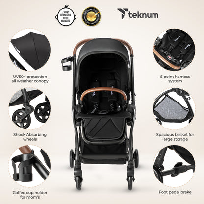 Teknum Stroll 2 Reversible Travel Stroller w/ Quilted Diaper Backpack – Black