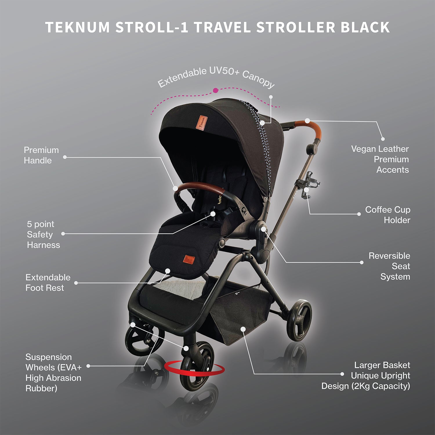 Teknum Stroll 1 Reversible Travel Stroller w/ Matilda Diaper Bag – Black