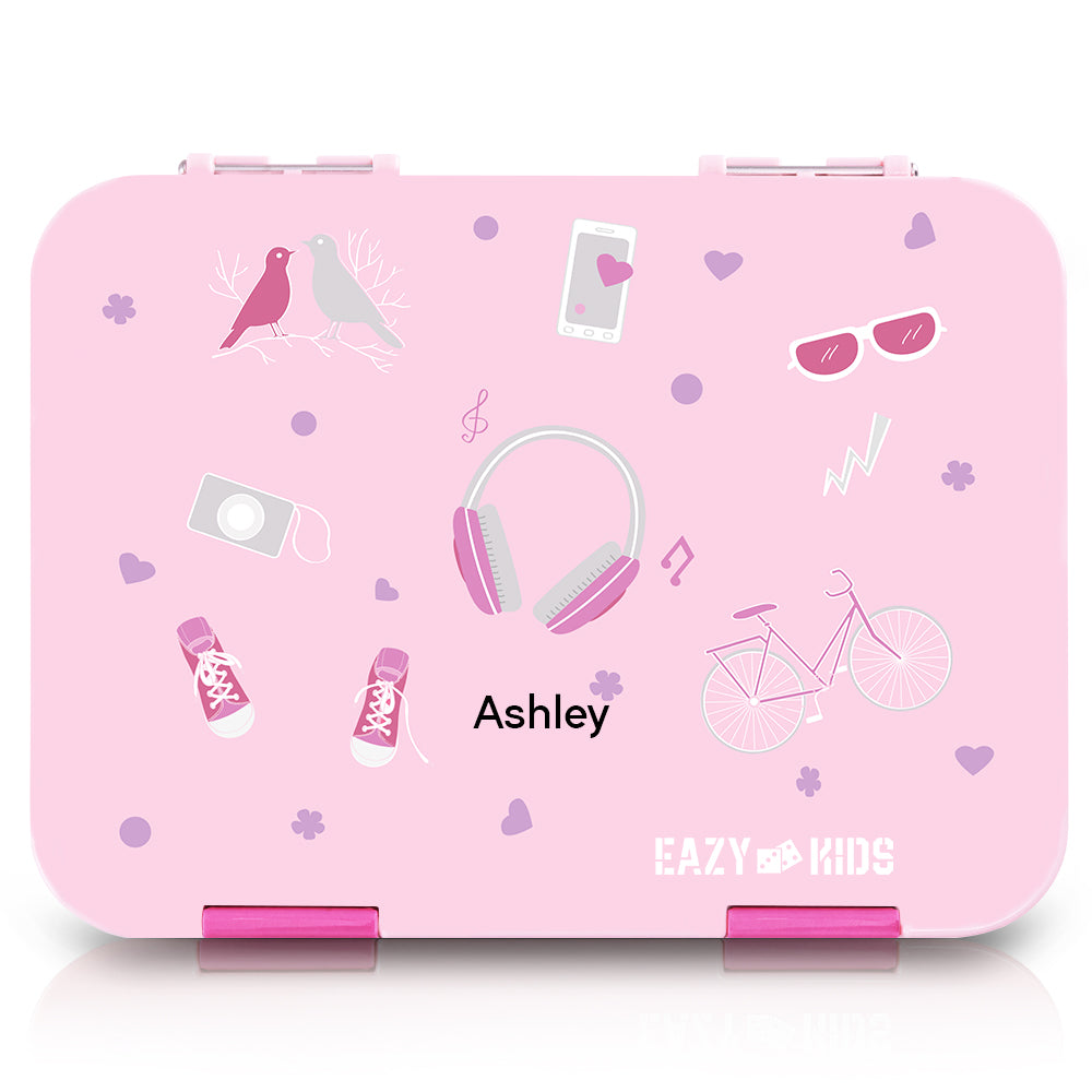 Eazy Kids Personalized 6 & 4 Convertible Bento Lunch Box w/Steel Spoon & Fork Set - Life Pink