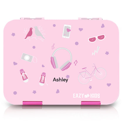 Eazy Kids Personalized 6 & 4 Convertible Bento Lunch Box w/Steel Spoon & Fork Set - Life Pink