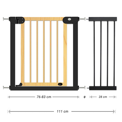 BABY SAFE Wooden Safety Gate w/t 28cm Black Extension - Natural Wood