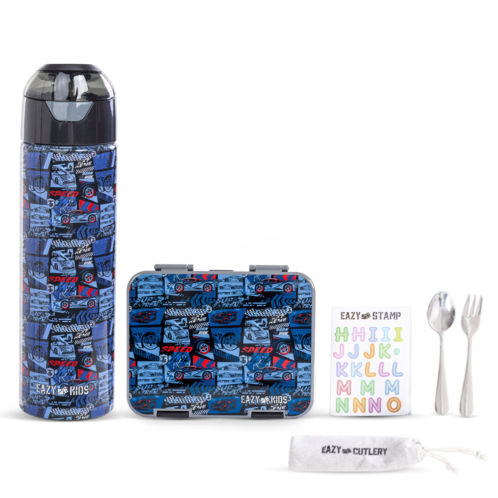 EAZY KIDS 6 & 4 Convertible Bento Lunch Box w/ Water Bottle, Steel Spoon & Fork Set and Alphabets Sticker - Car Racing Blue