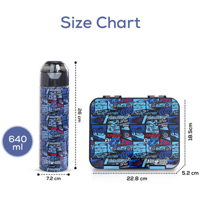 EAZY KIDS 6 & 4 Convertible Bento Lunch Box w/ Water Bottle, Steel Spoon & Fork Set and Alphabets Sticker - Car Racing Blue