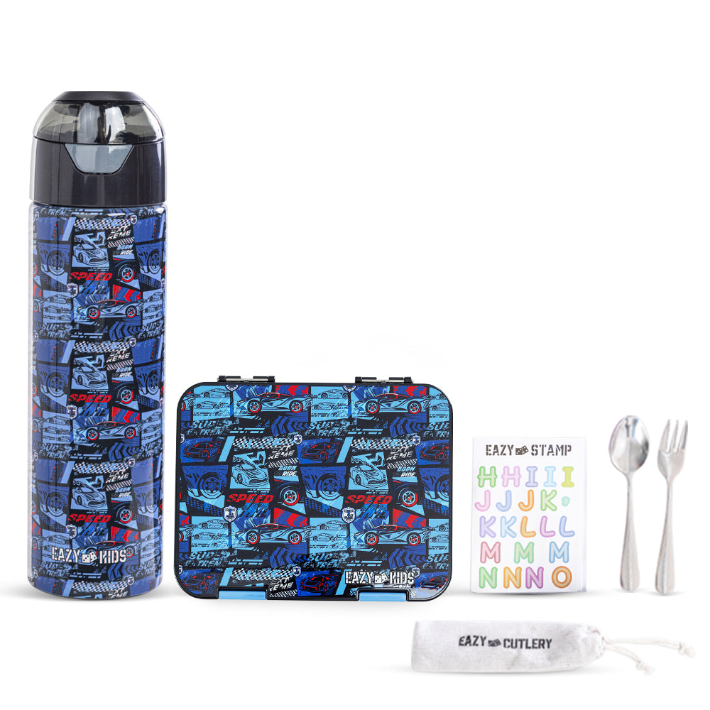 EAZY KIDS 6 & 4 Convertible Bento Lunch Box w/ Water Bottle, Steel Spoon & Fork Set and Alphabets Sticker - Car Racing Blue