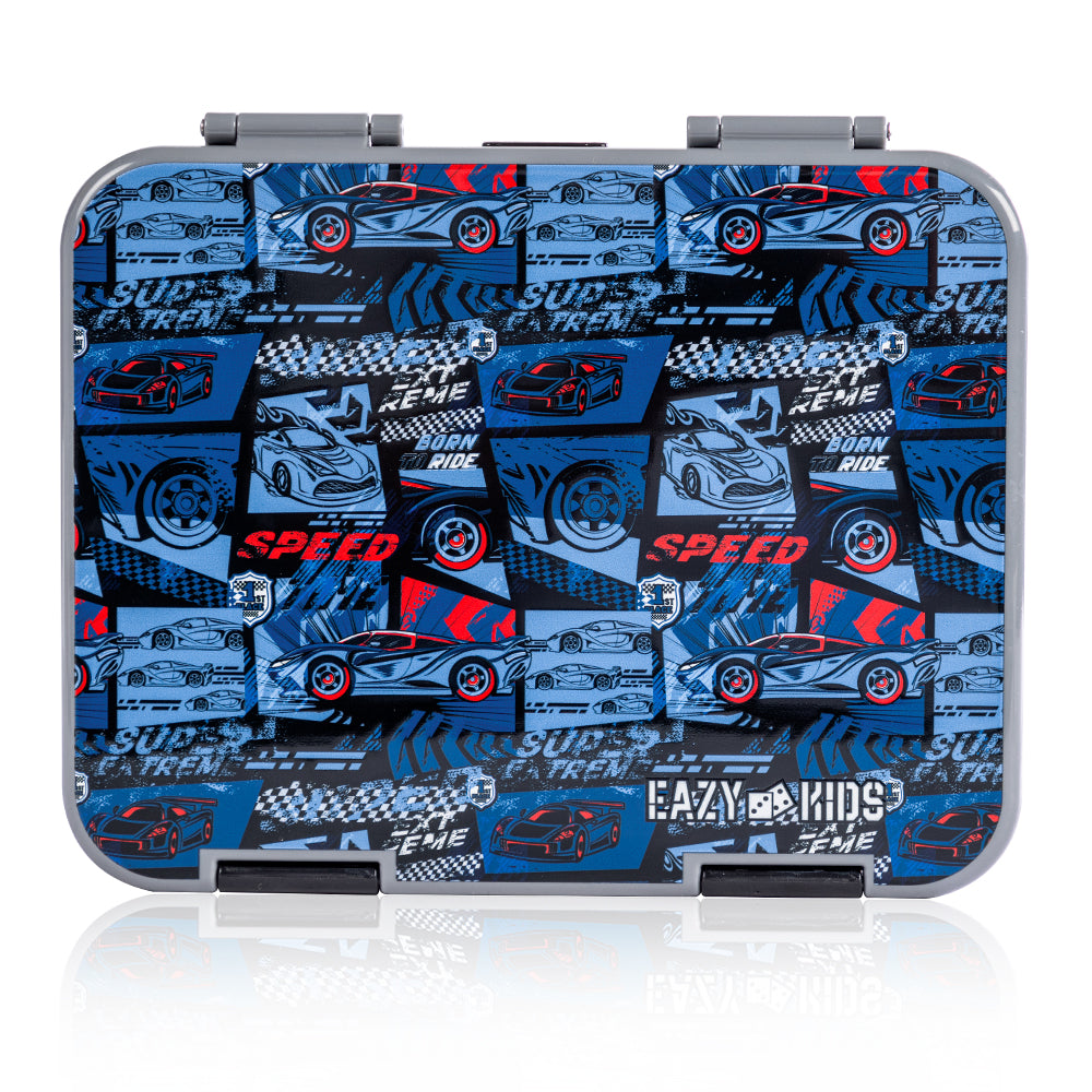 EAZY KIDS 6 & 4 Convertible Bento Lunch Box w/ Water Bottle, Steel Spoon & Fork Set and Alphabets Sticker - Car Racing Blue
