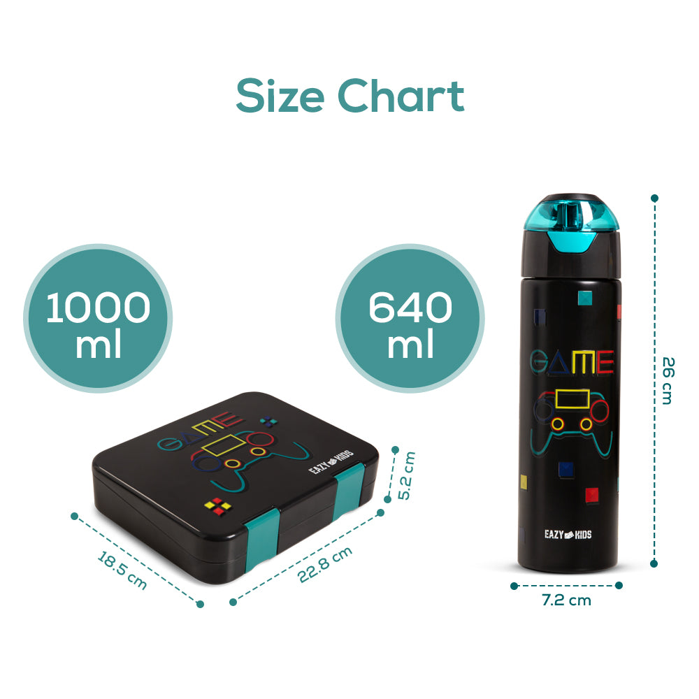 EAZY KIDS 6 & 4 Convertible Bento Lunch Box w/ Water Bottle, Steel Spoon & Fork Set and Alphabets Sticker - Gamer