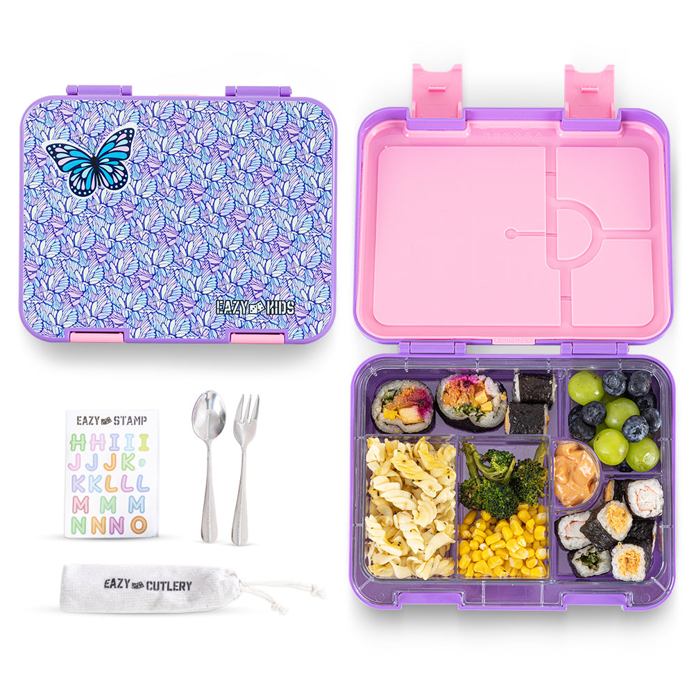 EAZY KIDS 6 & 4 Convertible Bento Lunch Box w/ Water Bottle, Steel Spoon & Fork Set and Alphabets Sticker - Butterfly Purple