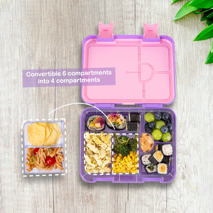 EAZY KIDS 6 & 4 Convertible Bento Lunch Box w/ Water Bottle, Steel Spoon & Fork Set and Alphabets Sticker - Butterfly Purple