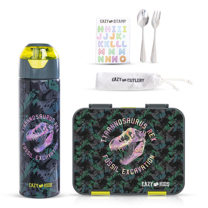 EAZY KIDS 6 & 4 Convertible Bento Lunch Box w/ Water Bottle, Steel Spoon & Fork Set and Alphabets Sticker - T-Rex dino Grey