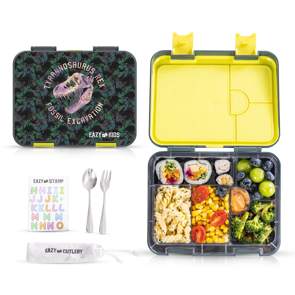 EAZY KIDS 6 & 4 Convertible Bento Lunch Box w/ Water Bottle, Steel Spoon & Fork Set and Alphabets Sticker - T-Rex dino Grey