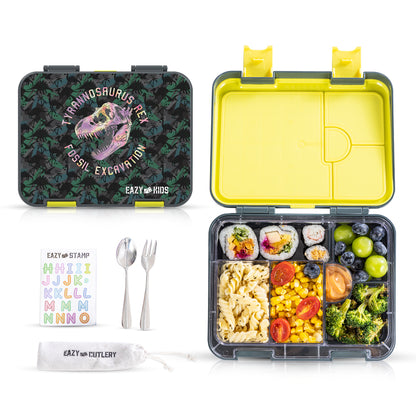 EAZY KIDS 6 & 4 Convertible Bento Lunch Box w/ Water Bottle, Steel Spoon & Fork Set and Alphabets Sticker - T-Rex dino Grey