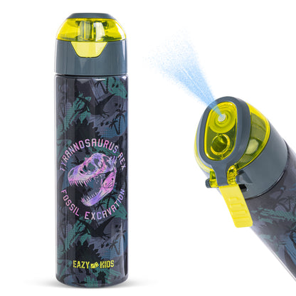 EAZY KIDS 6 & 4 Convertible Bento Lunch Box w/ Water Bottle, Steel Spoon & Fork Set and Alphabets Sticker - T-Rex dino Grey