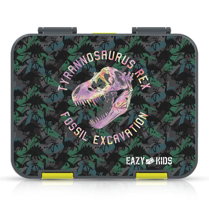 EAZY KIDS 6 & 4 Convertible Bento Lunch Box w/ Water Bottle, Steel Spoon & Fork Set and Alphabets Sticker - T-Rex dino Grey