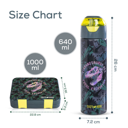 EAZY KIDS 6 & 4 Convertible Bento Lunch Box w/ Water Bottle, Steel Spoon & Fork Set and Alphabets Sticker - T-Rex dino Grey