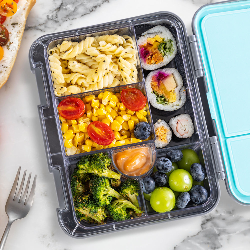 Eazy Kids 6 & 4 Convertible Bento Lunch Box w/ Water Bottle, Steel Spoon & Fork Set and Alphabets Sticker - T-Rex Grey