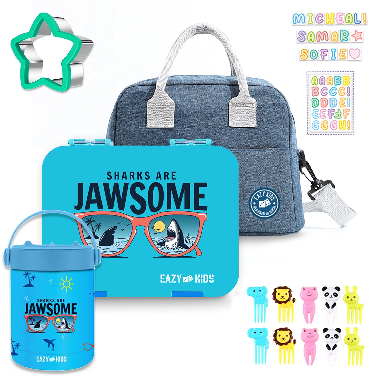 EAZY KIDS 6/4 Compartment Bento Lunch Box w/Lunch Bag and Steel Food Jar Jawsome - Blue
