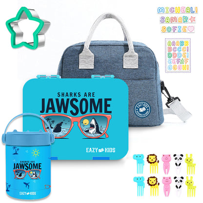 EAZY KIDS 6/4 Compartment Bento Lunch Box w/Lunch Bag and Steel Food Jar Jawsome - Blue