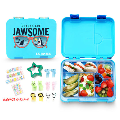 EAZY KIDS 6/4 Compartment Bento Lunch Box w/Lunch Bag and Steel Food Jar Jawsome - Blue
