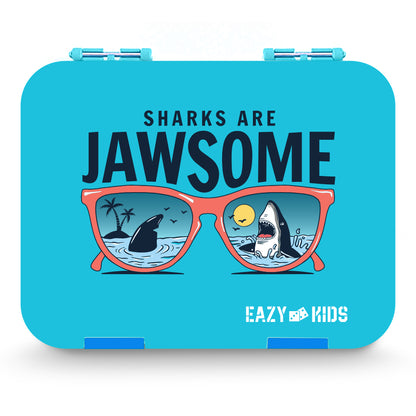 EAZY KIDS 6/4 Compartment Bento Lunch Box w/Lunch Bag and Steel Food Jar Jawsome - Blue