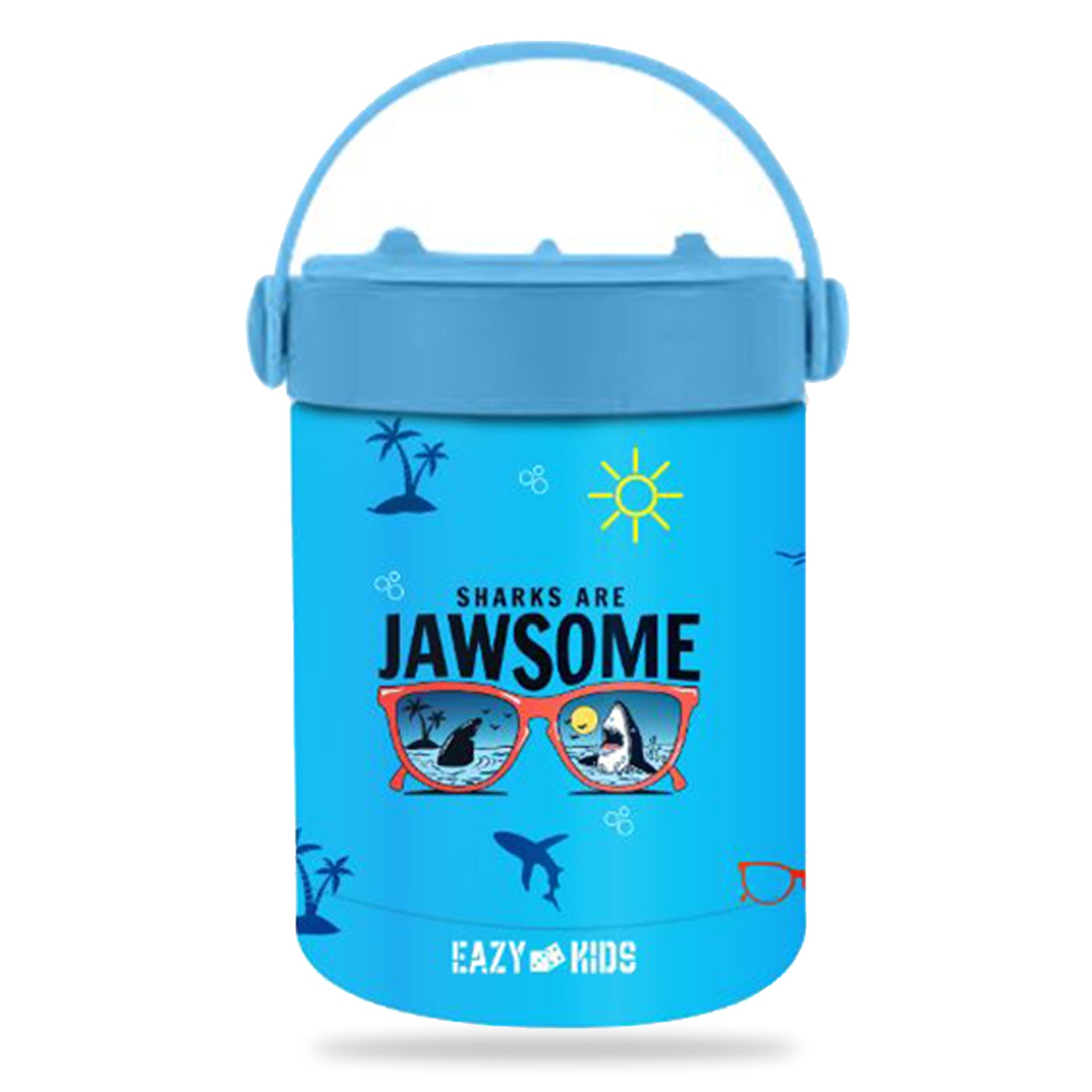 EAZY KIDS 6/4 Compartment Bento Lunch Box w/Lunch Bag and Steel Food Jar Jawsome - Blue