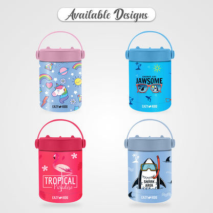 EAZY KIDS 6/4 Compartment Bento Lunch Box w/Lunch Bag and Steel Food Jar Jawsome - Blue