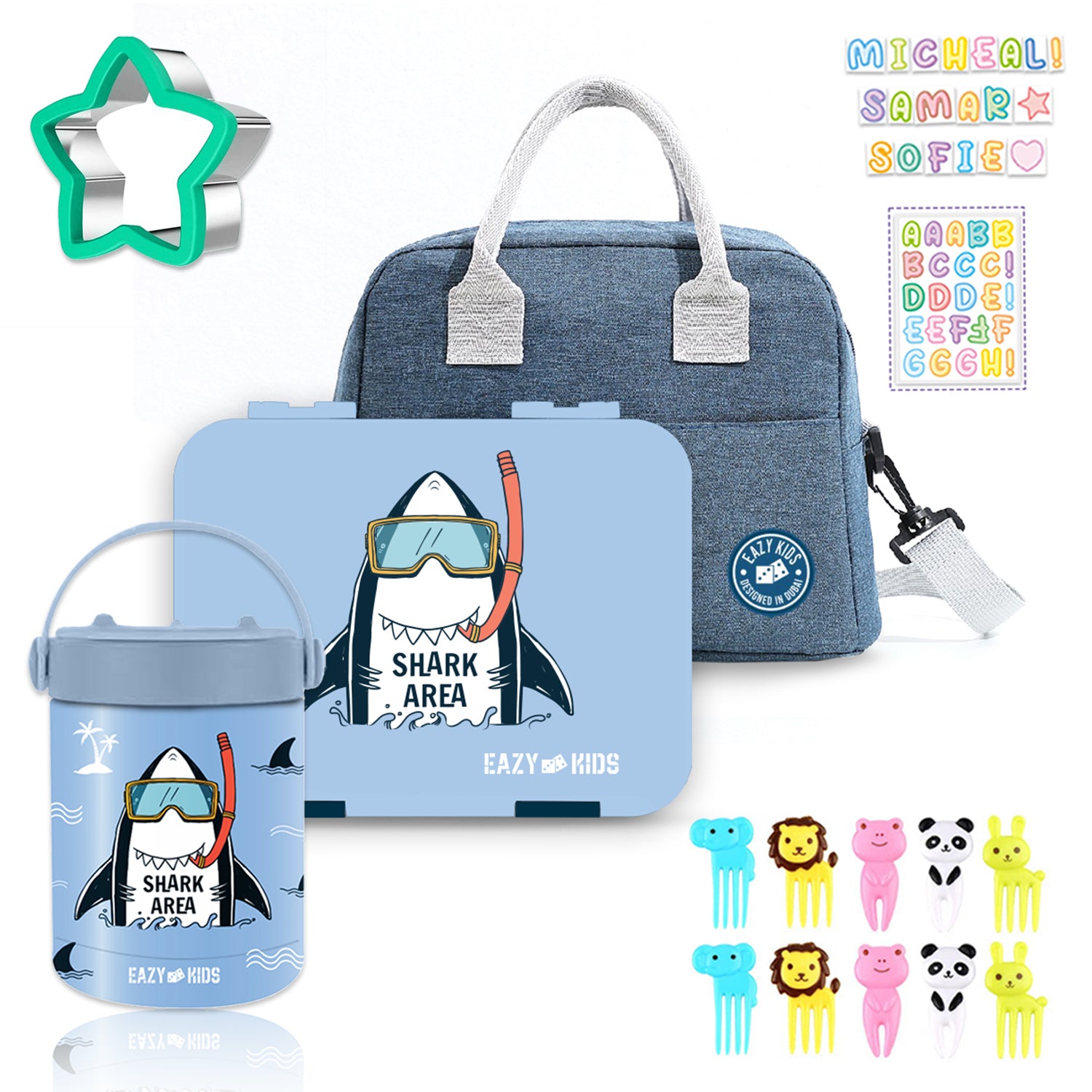EAZY KIDS 4 Compartment Bento Lunch Box w/Lunch Bag and Steel Food Jar Shark - Blue
