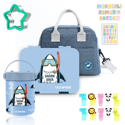 EAZY KIDS 4 Compartment Bento Lunch Box w/Lunch Bag and Steel Food Jar Shark - Blue