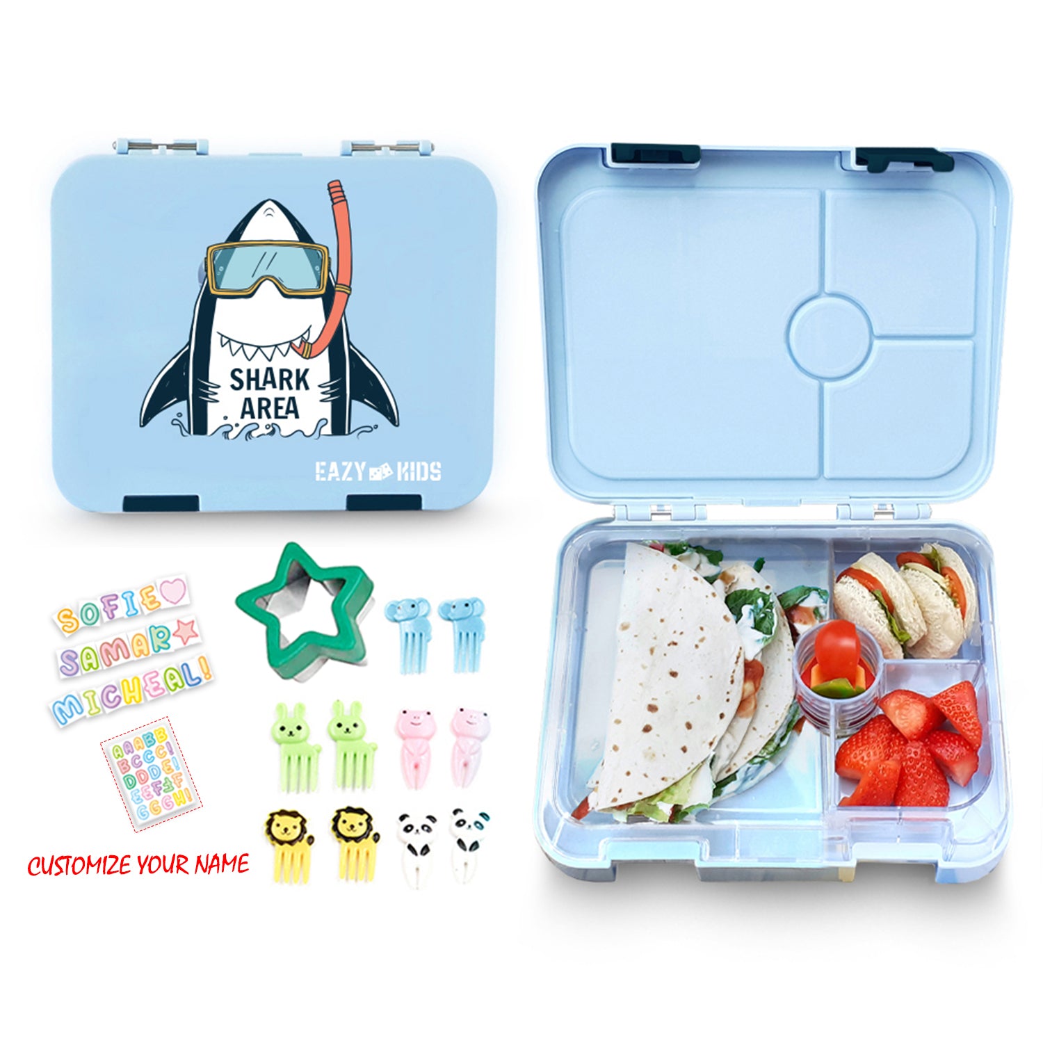 EAZY KIDS 4 Compartment Bento Lunch Box w/Lunch Bag and Steel Food Jar Shark - Blue