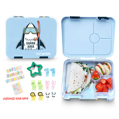 EAZY KIDS 4 Compartment Bento Lunch Box w/Lunch Bag and Steel Food Jar Shark - Blue