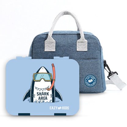 EAZY KIDS 4 Compartment Bento Lunch Box w/Lunch Bag and Steel Food Jar Shark - Blue