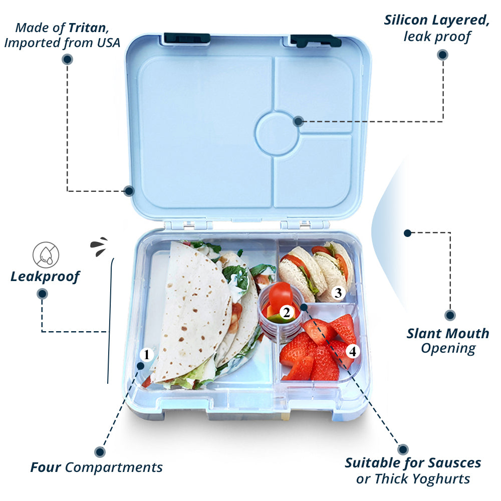EAZY KIDS 4 Compartment Bento Lunch Box w/Lunch Bag and Steel Food Jar Shark - Blue