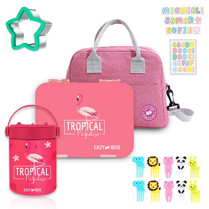 EAZY KIDS 6/4 Compartment Bento Lunch Box w/Lunch Bag and Steel Food Jar Tropical - Pink