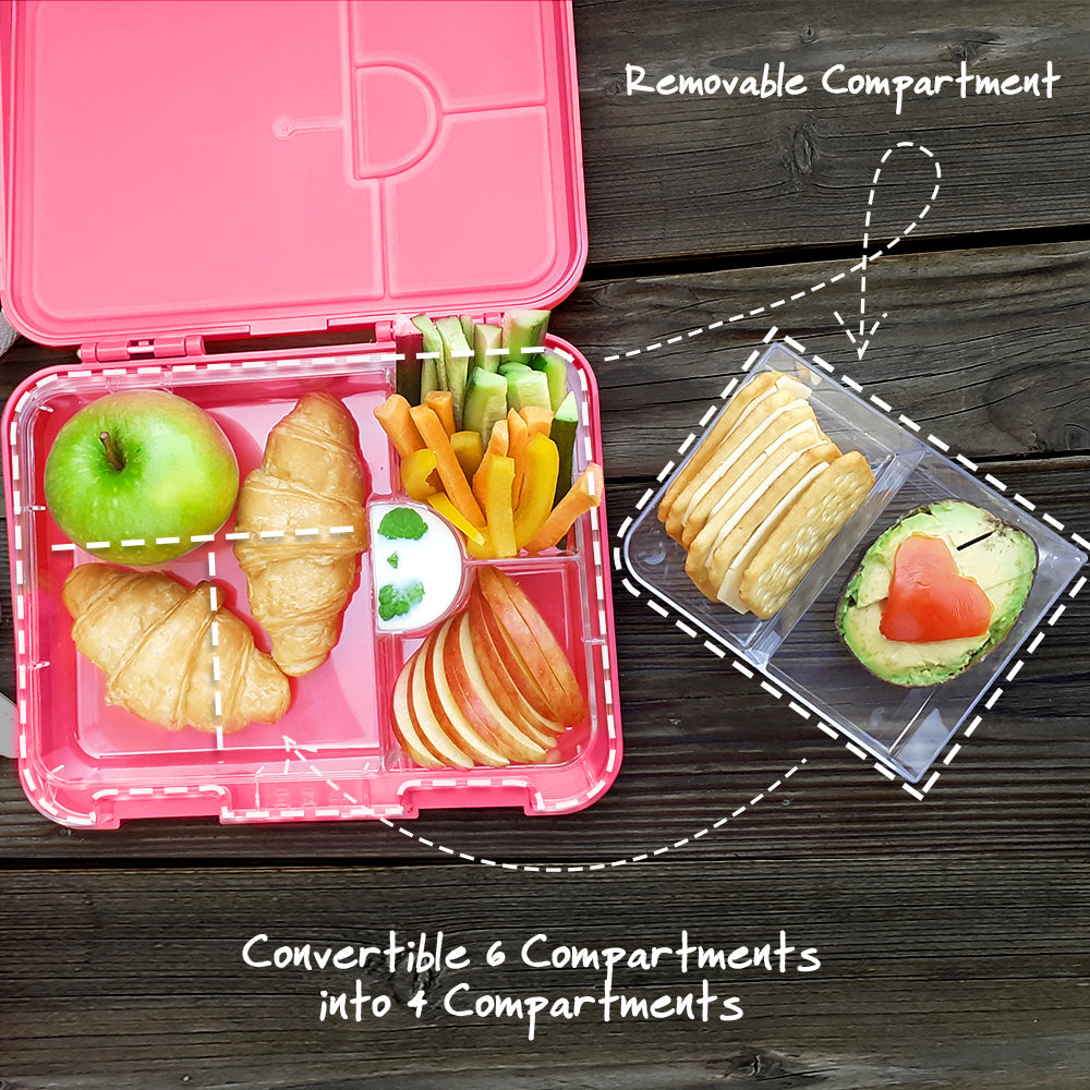 EAZY KIDS 6/4 Compartment Bento Lunch Box w/Lunch Bag and Steel Food Jar Tropical - Pink
