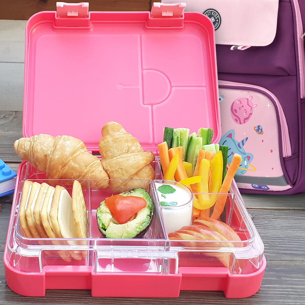 EAZY KIDS 6/4 Compartment Bento Lunch Box w/Lunch Bag and Steel Food Jar Tropical - Pink