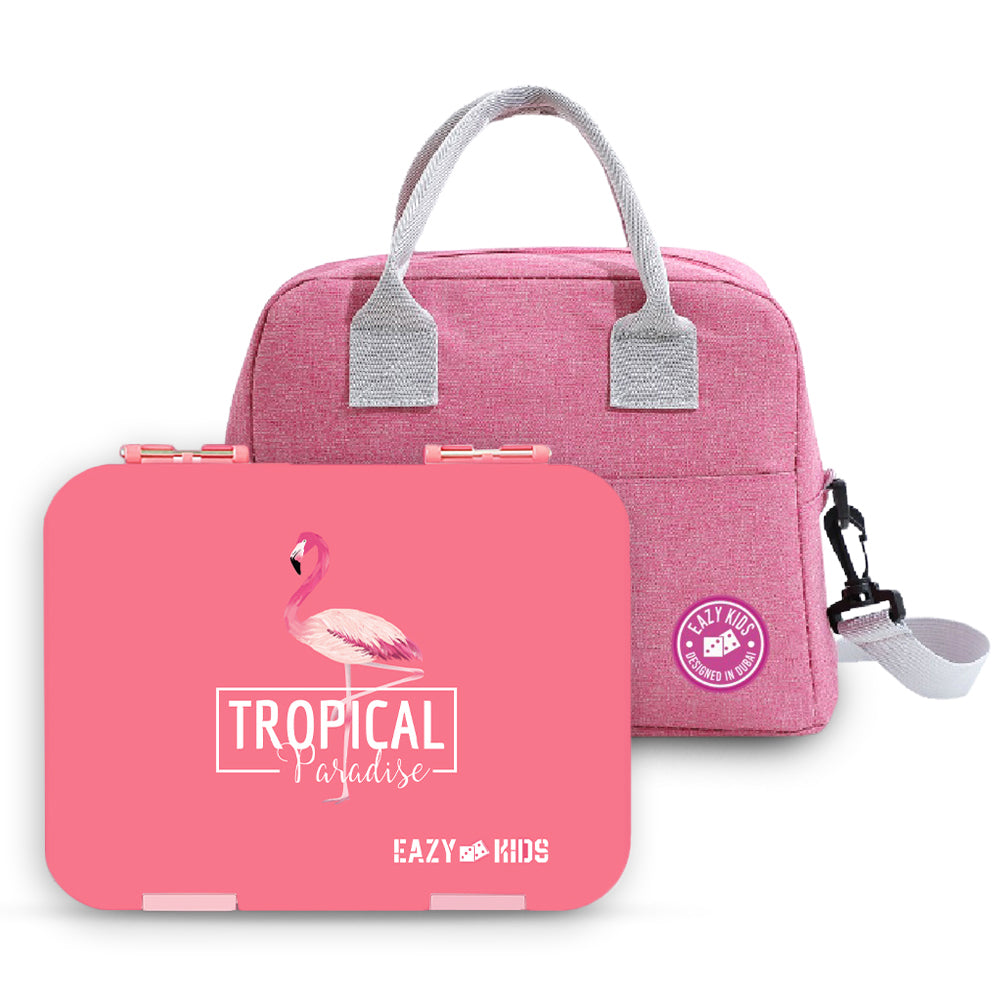 EAZY KIDS 6/4 Compartment Bento Lunch Box w/Lunch Bag and Steel Food Jar Tropical - Pink