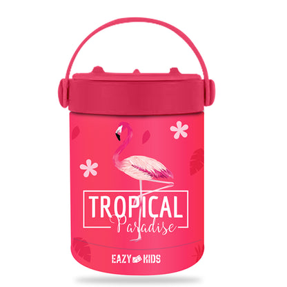 EAZY KIDS 6/4 Compartment Bento Lunch Box w/Lunch Bag and Steel Food Jar Tropical - Pink