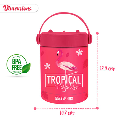 EAZY KIDS 6/4 Compartment Bento Lunch Box w/Lunch Bag and Steel Food Jar Tropical - Pink
