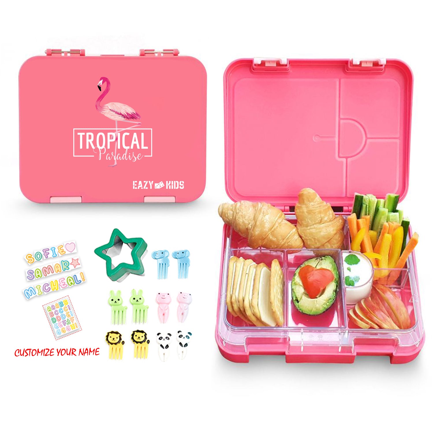 EAZY KIDS 6/4 Compartment Bento Lunch Box w/Lunch Bag and Steel Food Jar Tropical - Pink