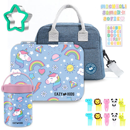 EAZY KIDS Unicorn Purple 6 Compartment Bento Lunch Box w/Lunch Bag - Blue