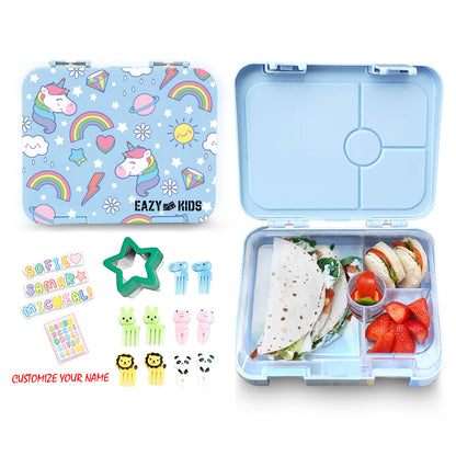 EAZY KIDS Unicorn Purple 6 Compartment Bento Lunch Box w/Lunch Bag - Blue