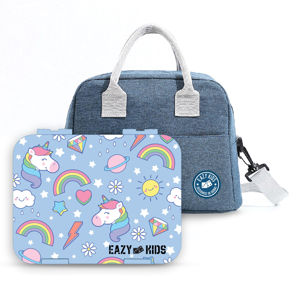 EAZY KIDS 4 Compartment Bento Lunch Box w/Lunch Bag and Steel Food Jar Unicorn - Blue