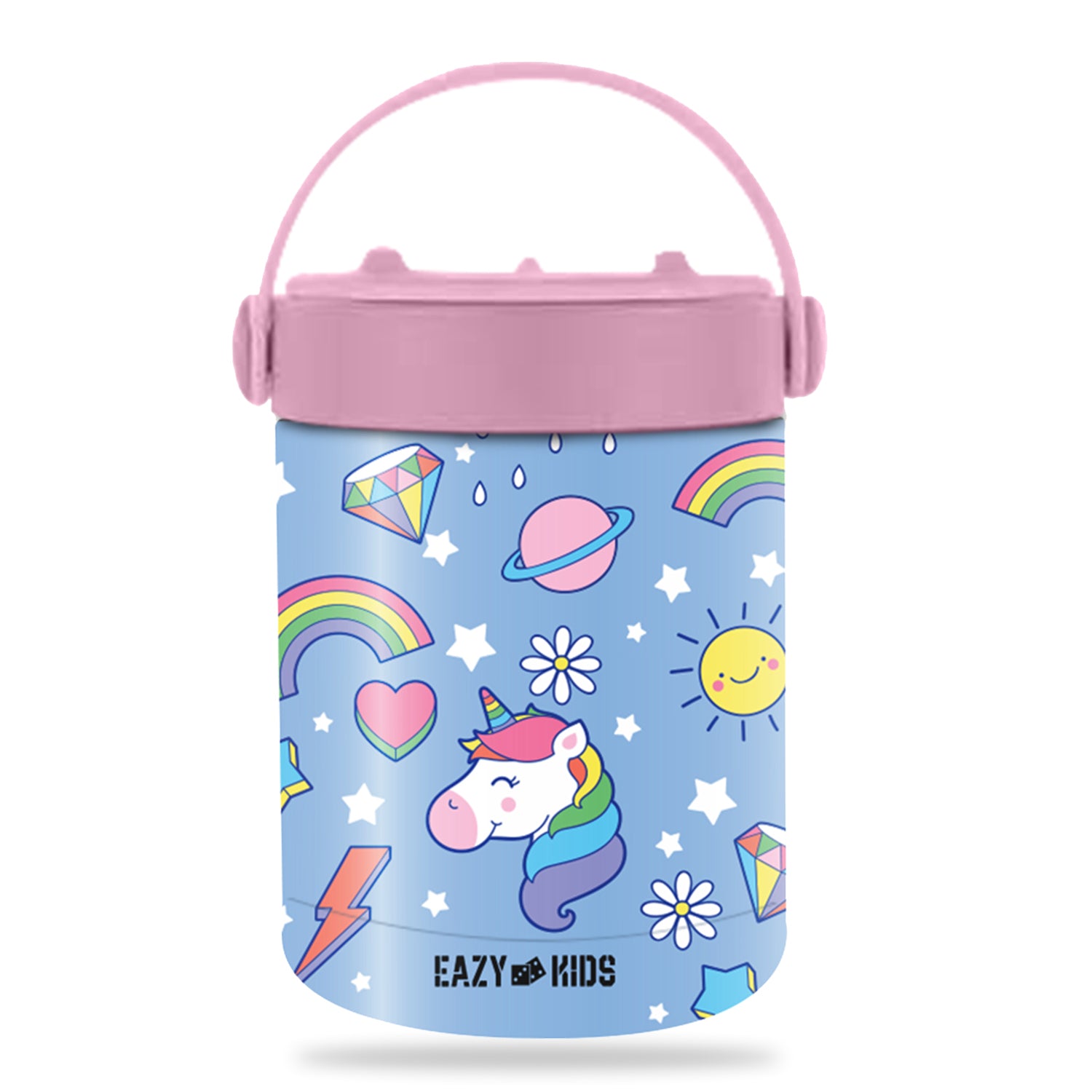 EAZY KIDS 4 Compartment Bento Lunch Box w/Lunch Bag and Steel Food Jar Unicorn - Blue