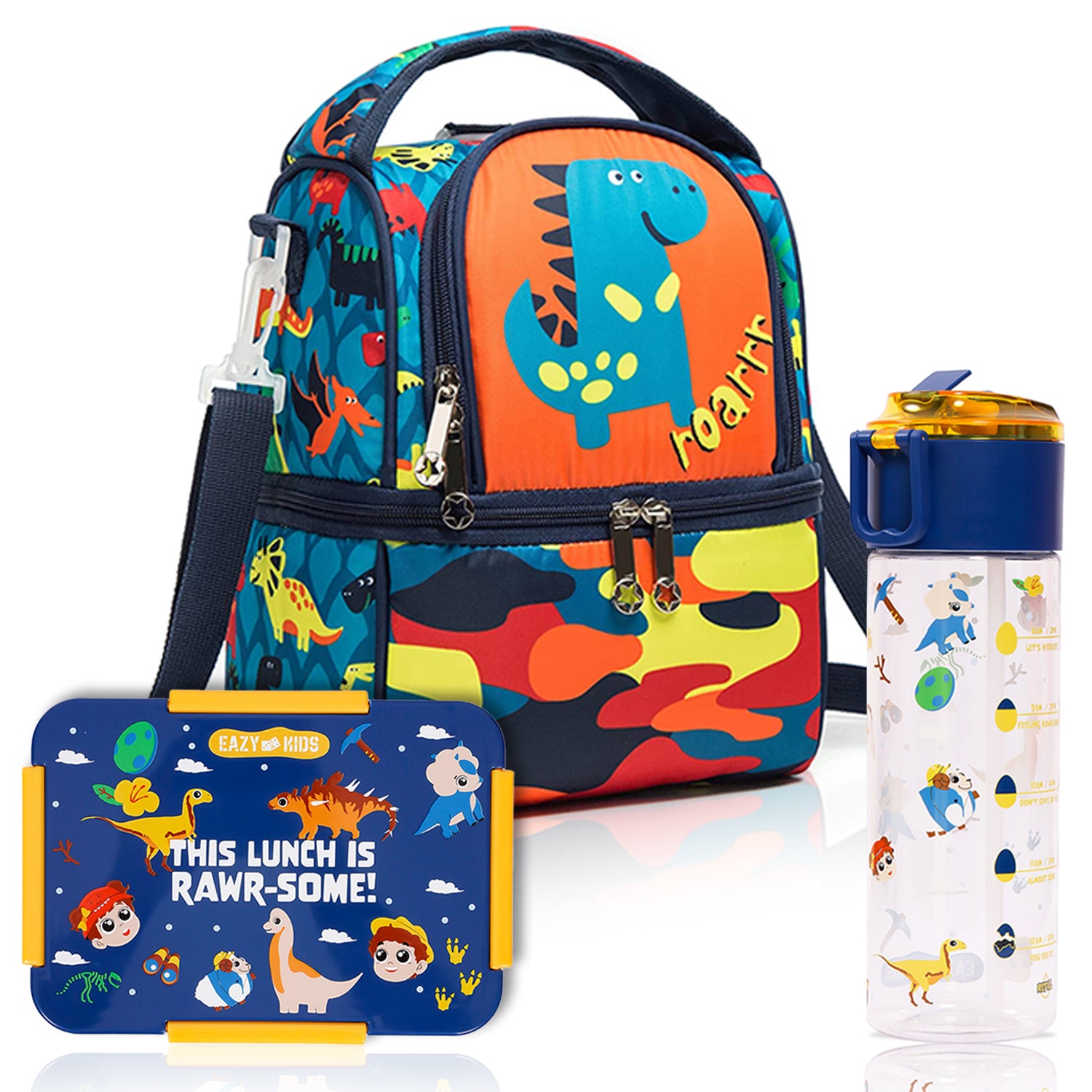 EAZY KIDS Lunch Bag and Activity Backpack Set of 3 Dinosaur - Blue