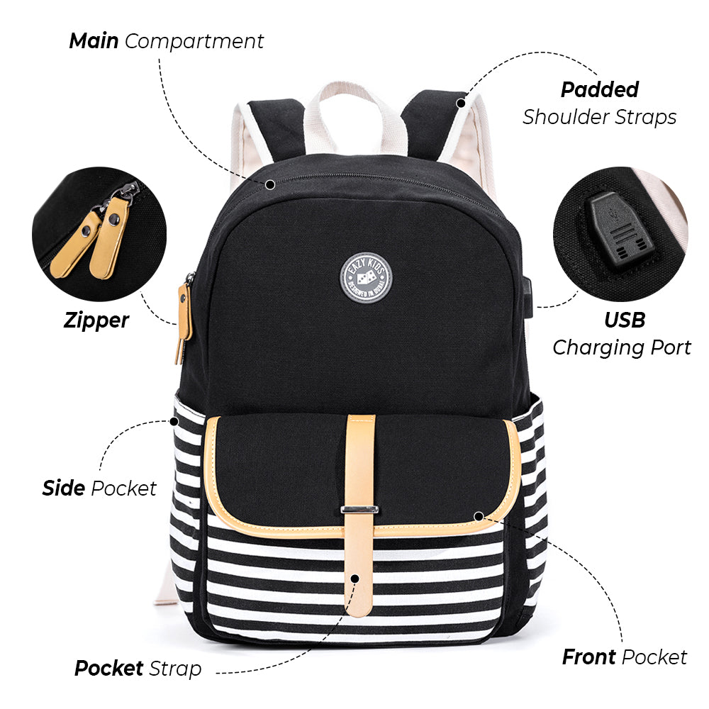 EAZY KIDS School Bag Combo Set of 5 Dinosaur - Grey Black