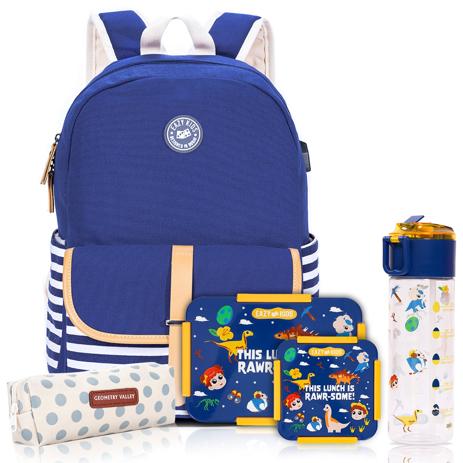 EAZY KIDS School Bag Combo Set of 5 Dinosaur - Blue