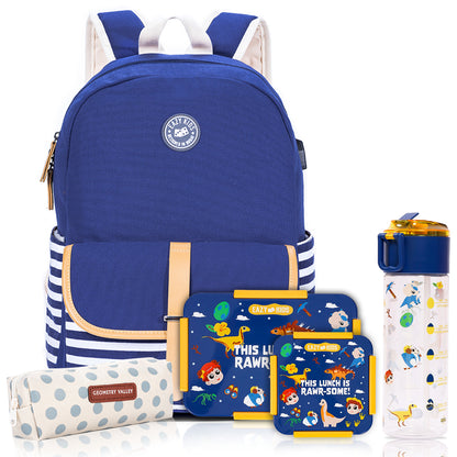 EAZY KIDS School Bag Combo Set of 5 Dinosaur - Blue