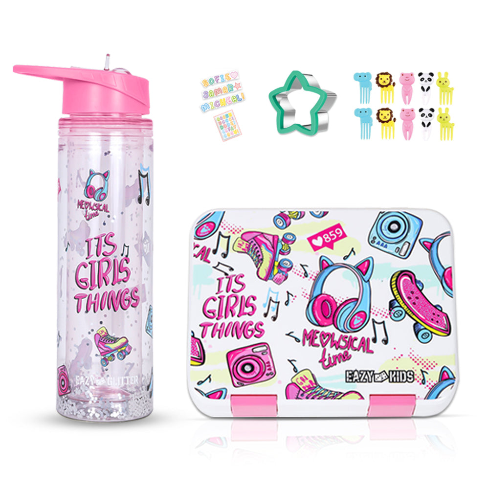 EAZY KIDS 5 & 4 Convertible Bento Lunch Box w/550ml Double Wall Water Bottle and Spoon Fork Set - It's Girl Thing Pink