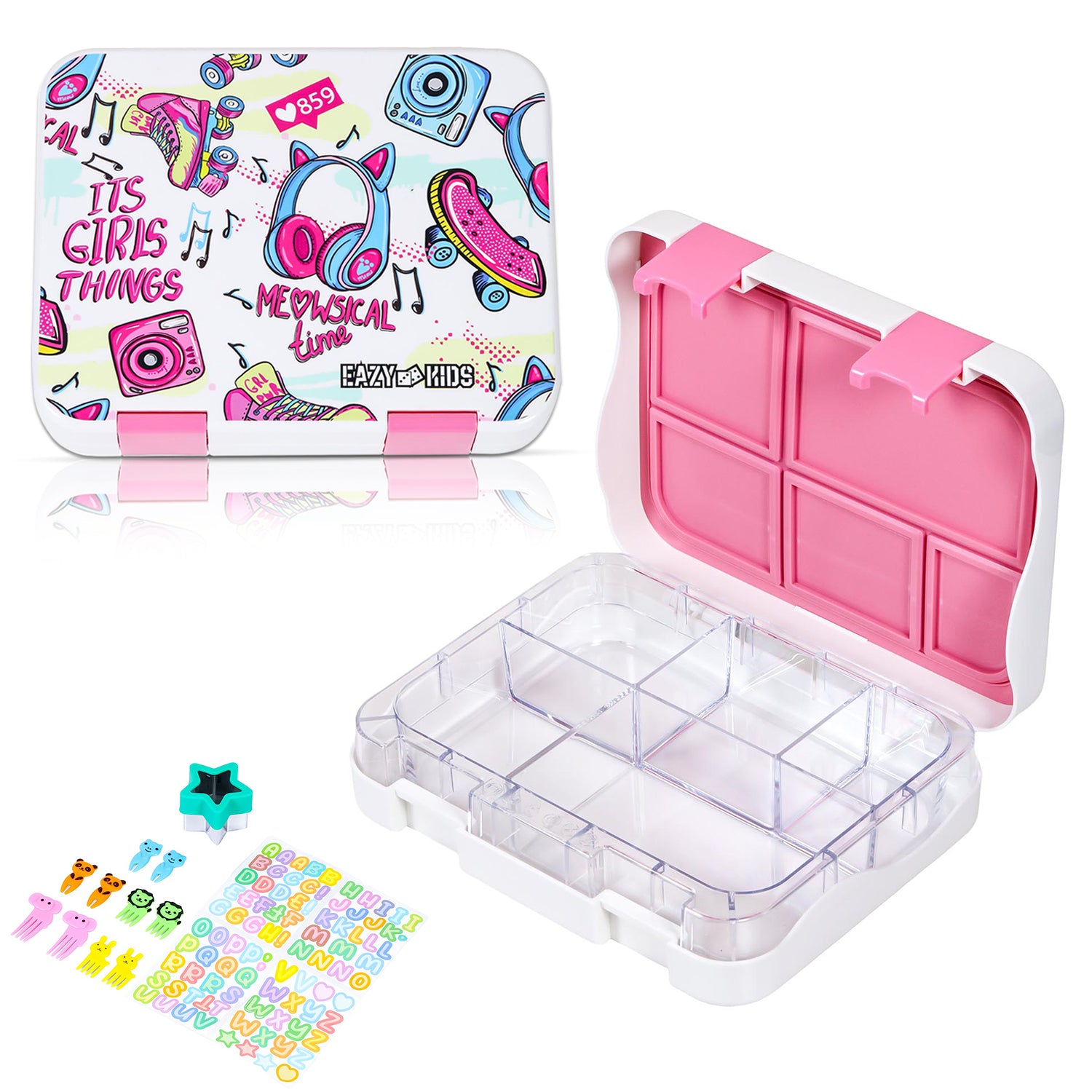 EAZY KIDS 5 & 4 Convertible Bento Lunch Box w/550ml Double Wall Water Bottle and Spoon Fork Set - It's Girl Thing Pink