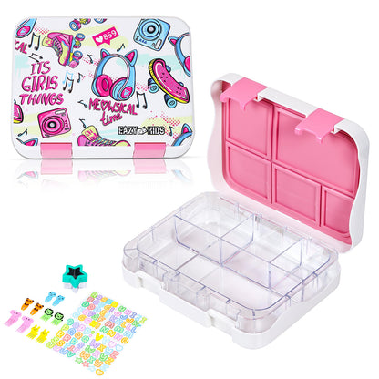 EAZY KIDS 5 & 4 Convertible Bento Lunch Box w/550ml Double Wall Water Bottle and Spoon Fork Set - It's Girl Thing Pink